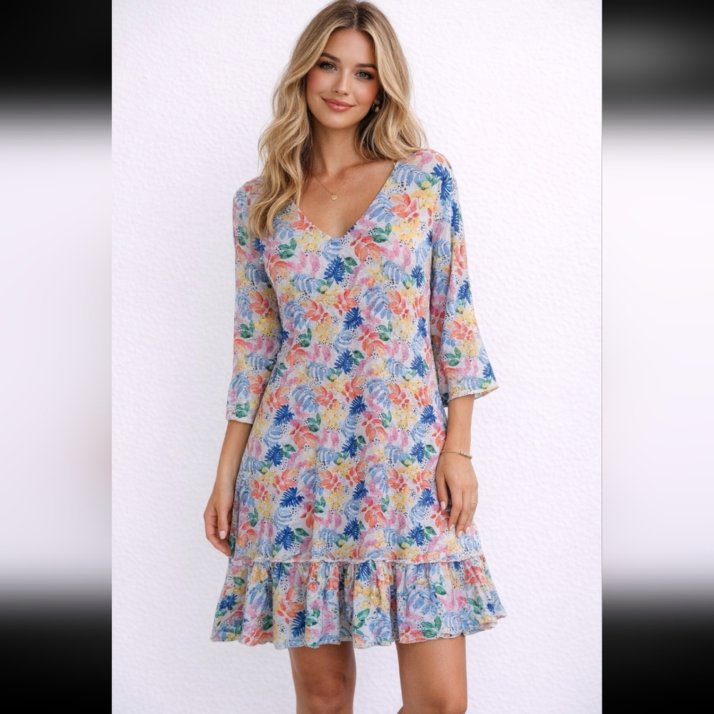 Shana Dress Size XS V Neck Ruffle Tired Trim 3/4 Sleeve Floral Rayon Blend